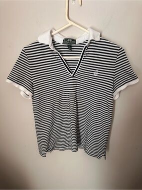 Ralph Lauren black & White Striped V-Neck Polo Top